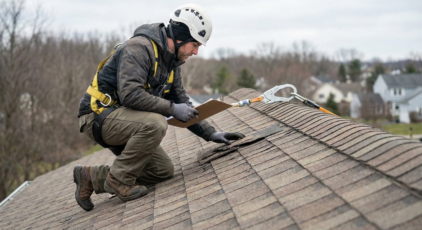 A roofer wearing a hard hat and safety harness inspects damaged shingles on a residential roof, holding a clipboard and pen.. User description: A professional r